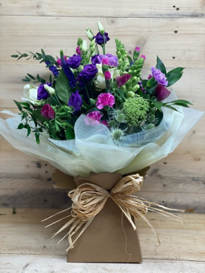 Country blues - beautiful county stle flowers in purple white and a pop of cerise finsihed off with a coutry style packaging